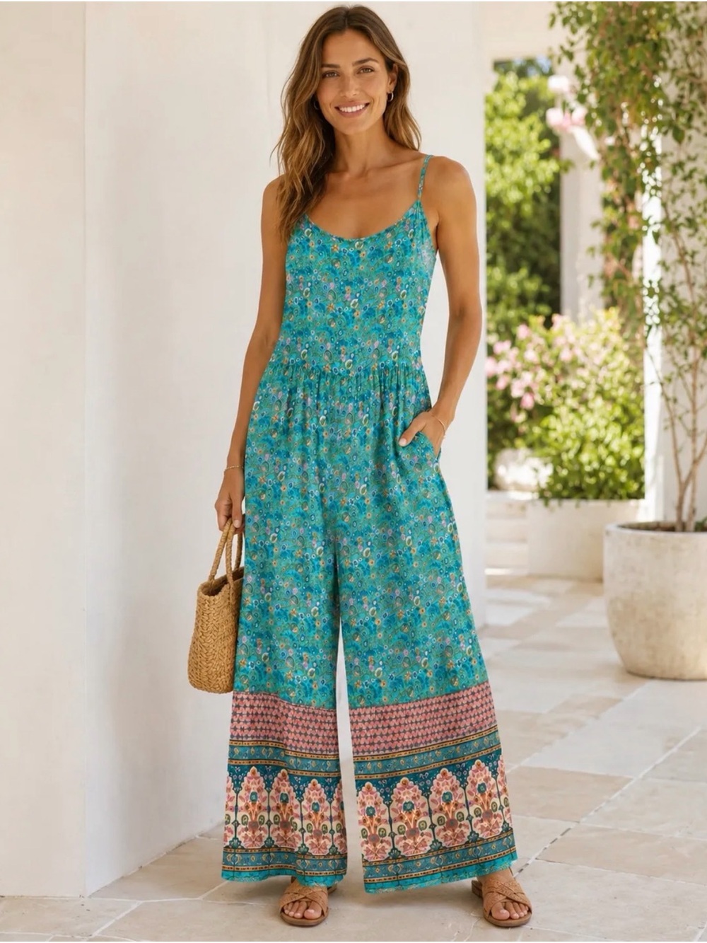 NATURAL LIFE Teal Floral Wide-Leg Jumpsuit with Border Print